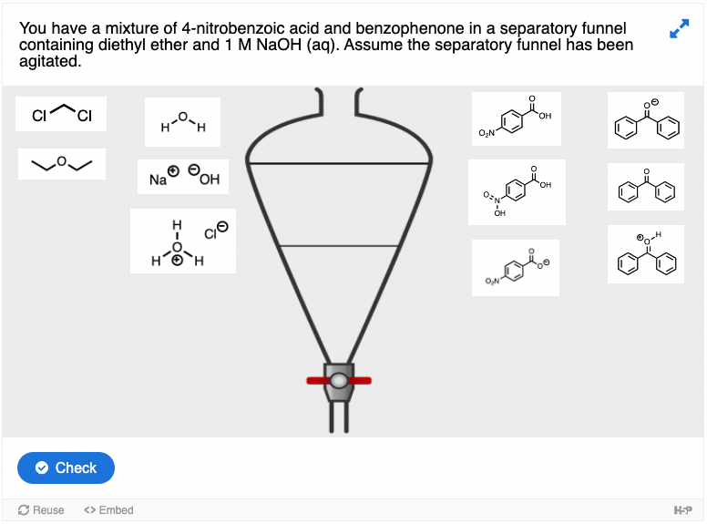 Screenshot of a drag and drop activity. The students are asked to place molecules in the correct layer inside a separatory funnel based on the written scenario given