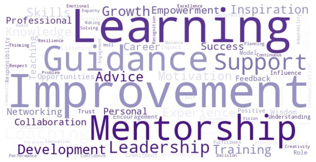 Word cloud with key words from mentorship (generated by Co-Pilot)