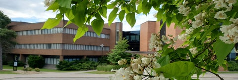 B.C. Matthews Hall with spring blossoming trees.