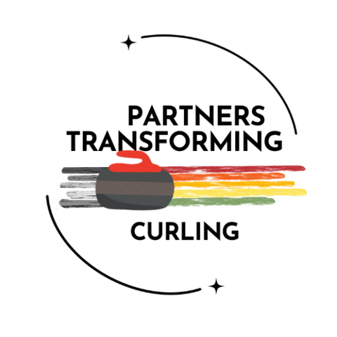 "Partners Transforming Curling" in text with the image of a curling stone that has black and white striations to the left and colourful striations to the right, set on a white background with a black  circle around the whole thing
