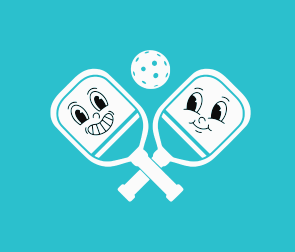 Two cartoon pickleball paddles and a pickleball on a teal background