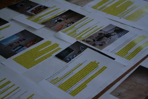 Organized pages of highlighted transcripts and printed out images of PSWs completing the body mapping activity.