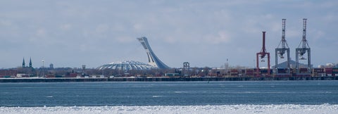 Distant view of Montreal's Olympic Stadium.