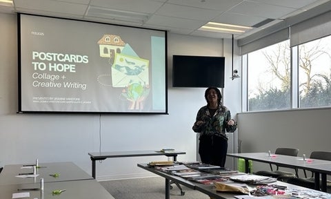 Jasmine Vanstone presenting for the Postcards for Hope event.