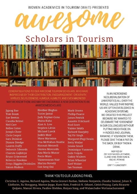 Poster of all the names of who was awarded the Most Awesome Scholar in Tourism Award