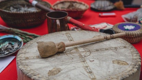 Indigenous drum, smudge pot and other ceremonial artifacts.