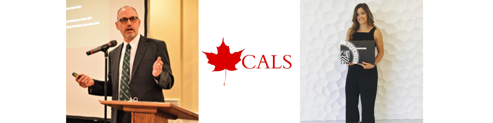 CALS red maple leaf logo above a photo of Mark Havitz presenting at a podium and a photo of Jaylyn Leighton holding her degree
