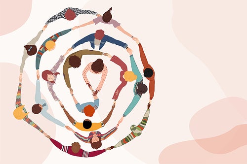 group of people holding hands in a circle.