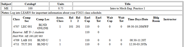 ME 100 synchronous screenshot from Schedule of Classes