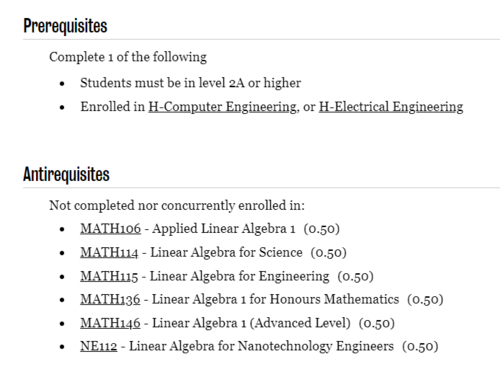 Screenshot of course prerequisites in the 2024-25 Undergraduate Studies Academic Calendar