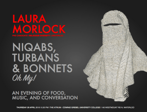Poster showing a grey niqab against a black background with text offering information about the event