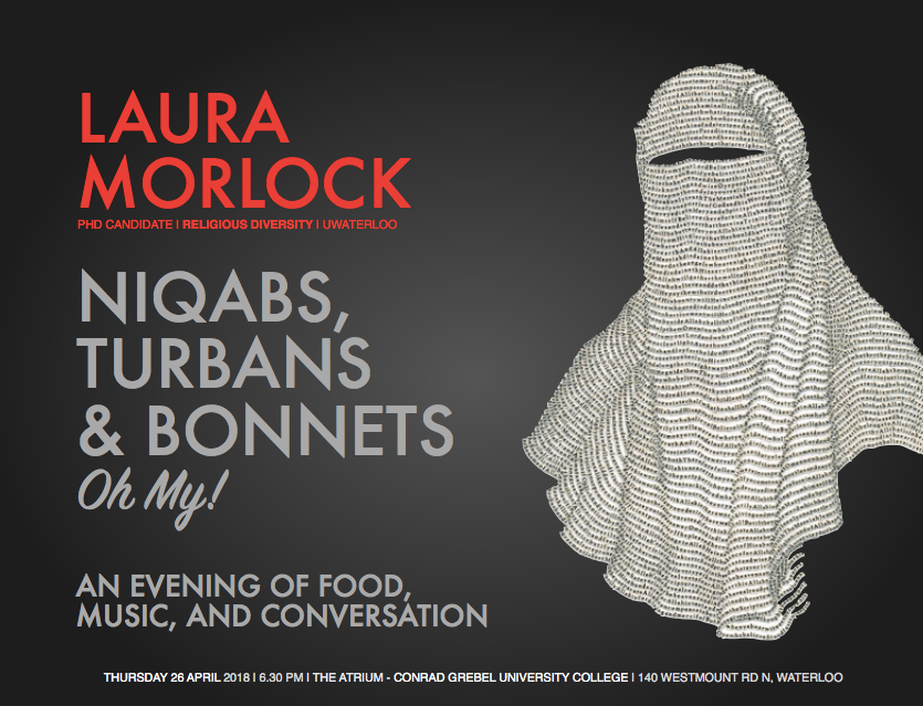 Poster showing a grey niqab against a black background with text offering information about the event