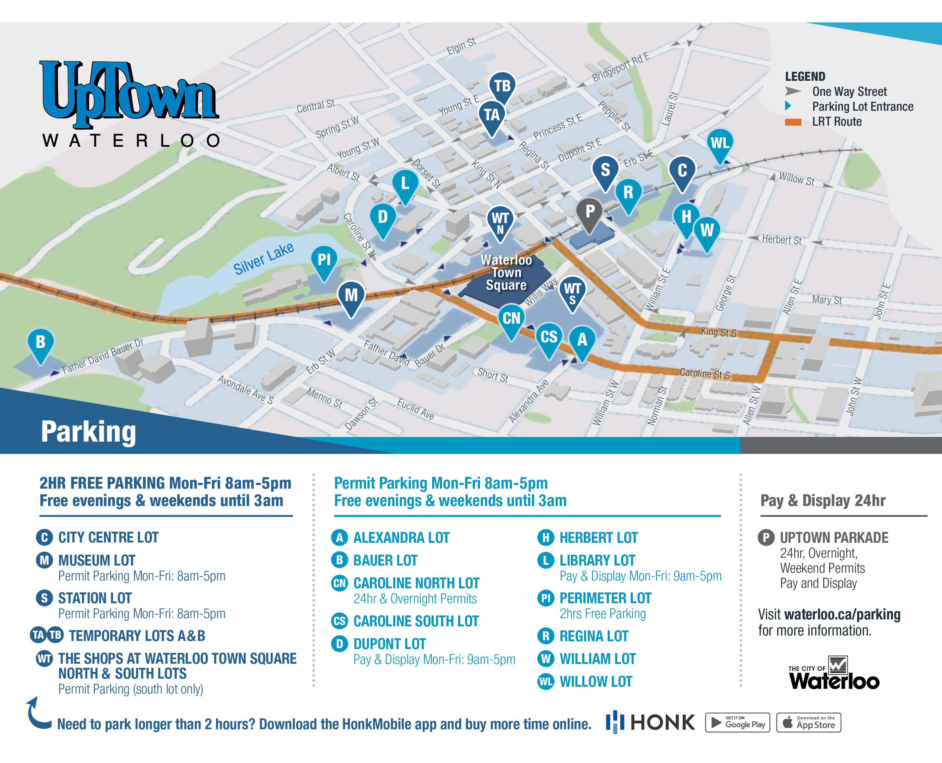 Map of parking in uptown Waterloo. Click on the image to read parking details.