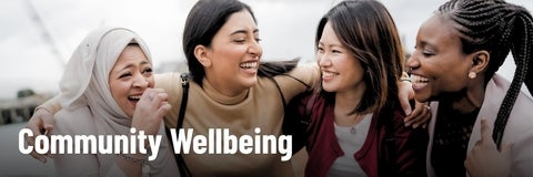 Four women smiling together with the words “Community Wellbeing.”