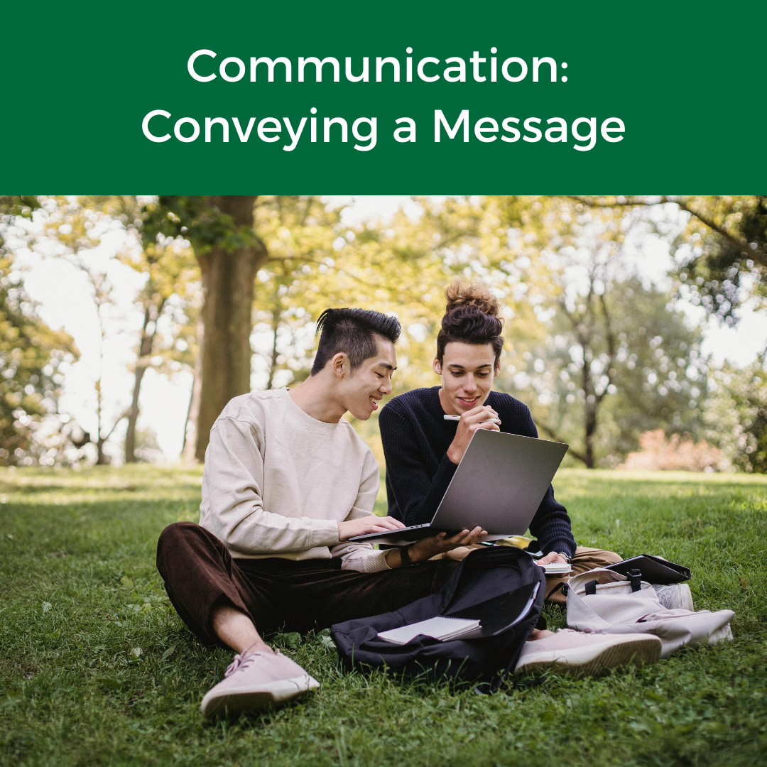 Two students sitting on grass, sharing a laptop and smiling on a sunny day