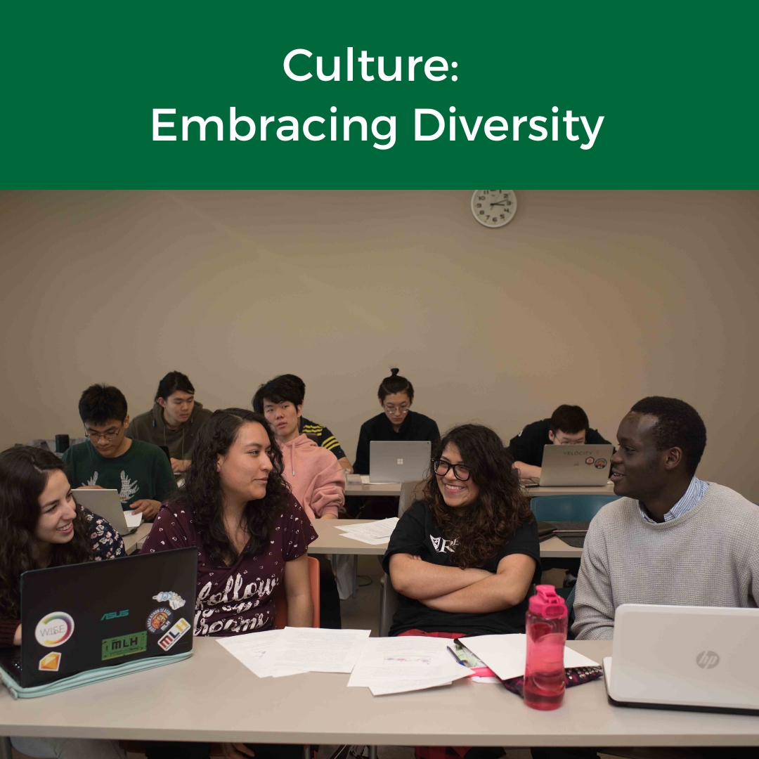 A diverse group of students gathered around a table, collaborating on laptops in a bright classroom.