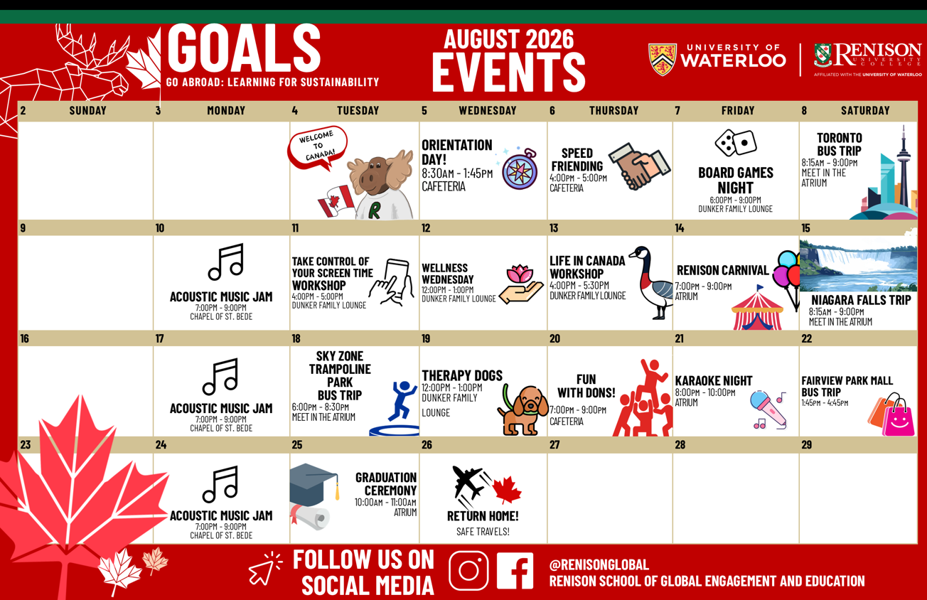 Calendar of social and cultural activities offered in the GOALS program