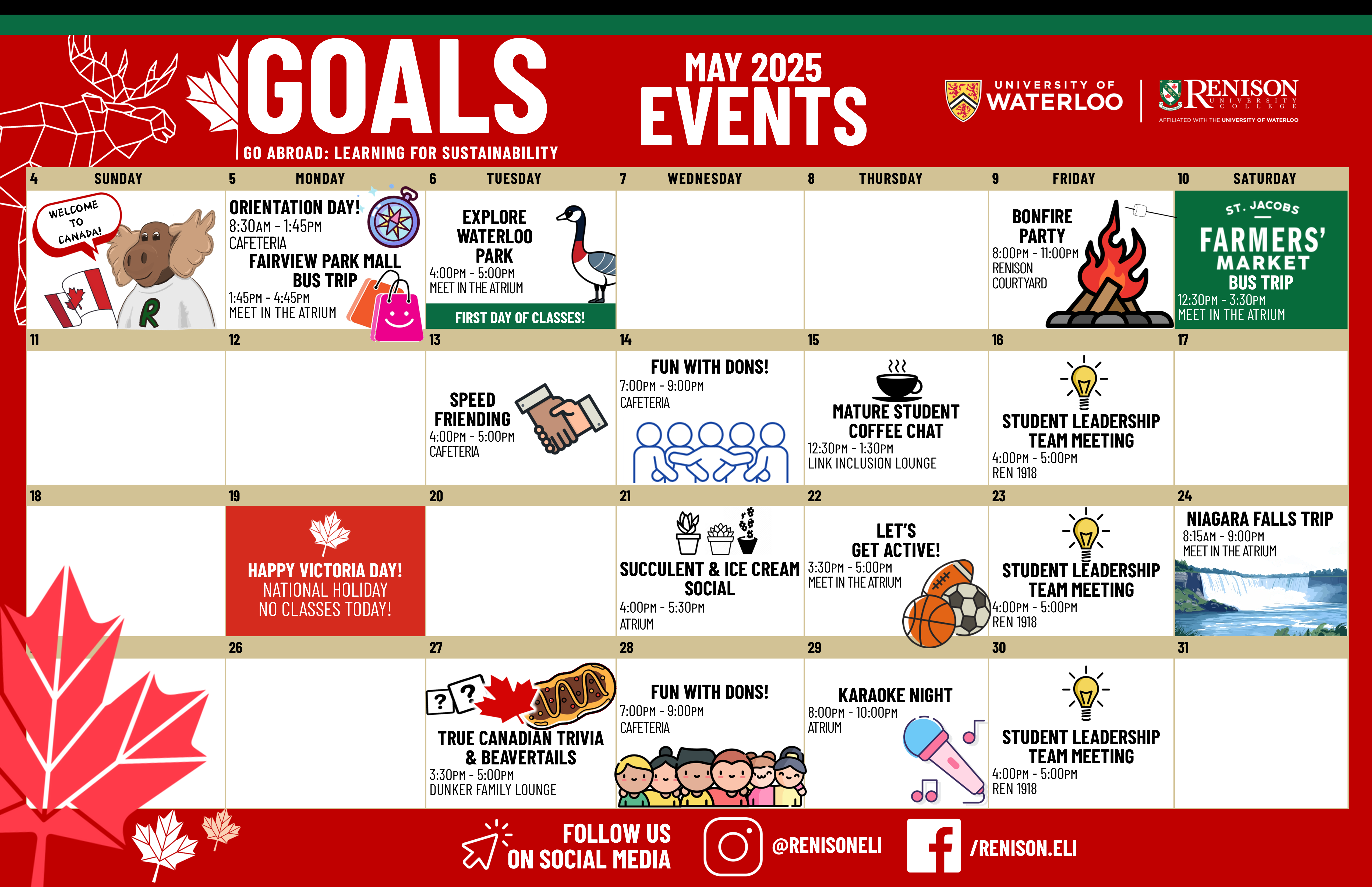 Calendar of social and cultural activities offered in the GOALS program