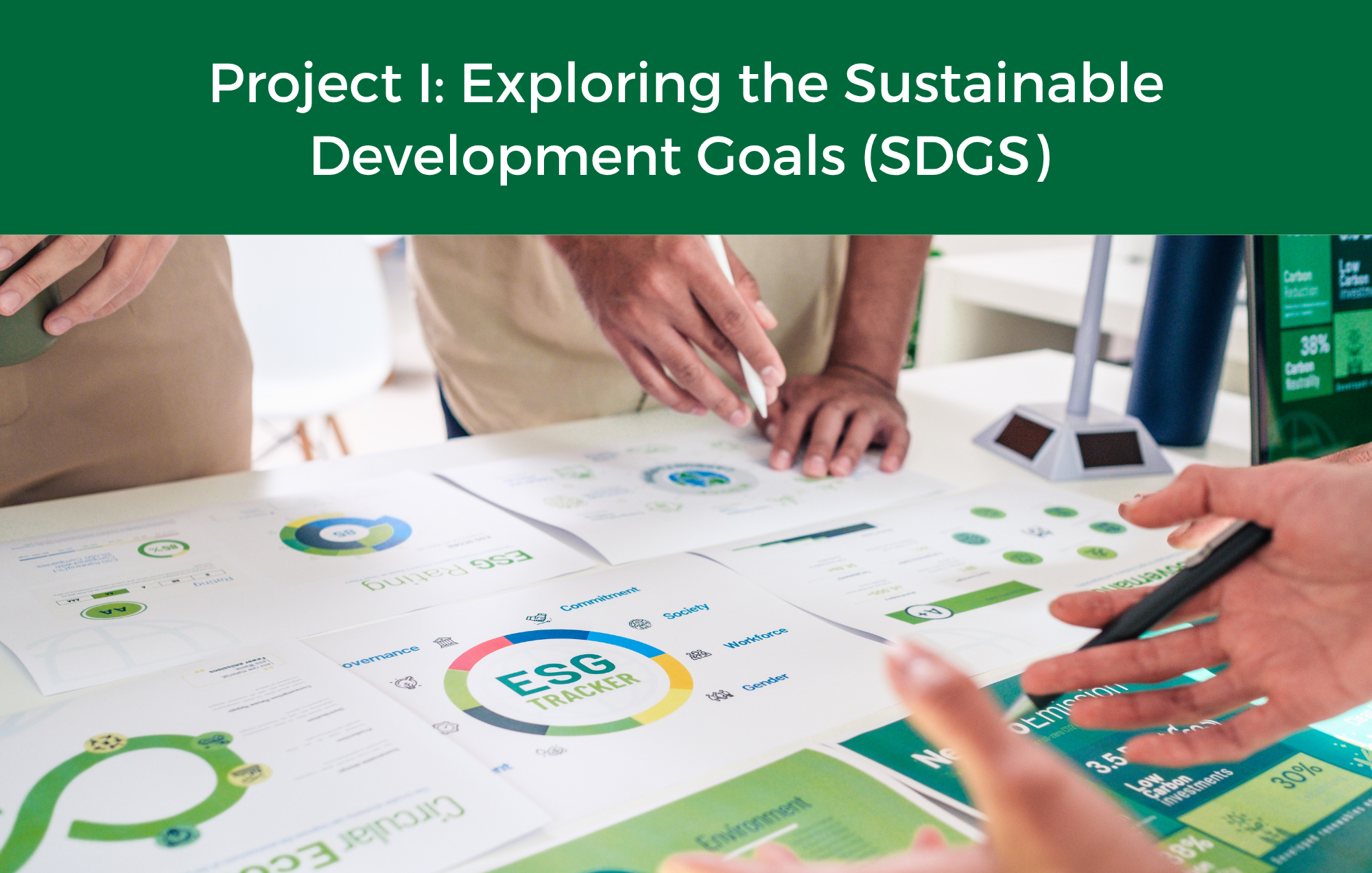 People collaborating around a table with green charts and graphs during a sustainability meeting