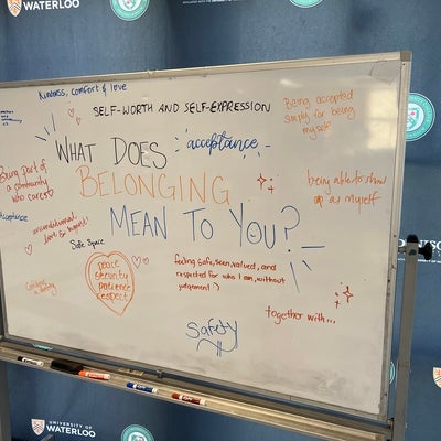 White board with belonging written on it