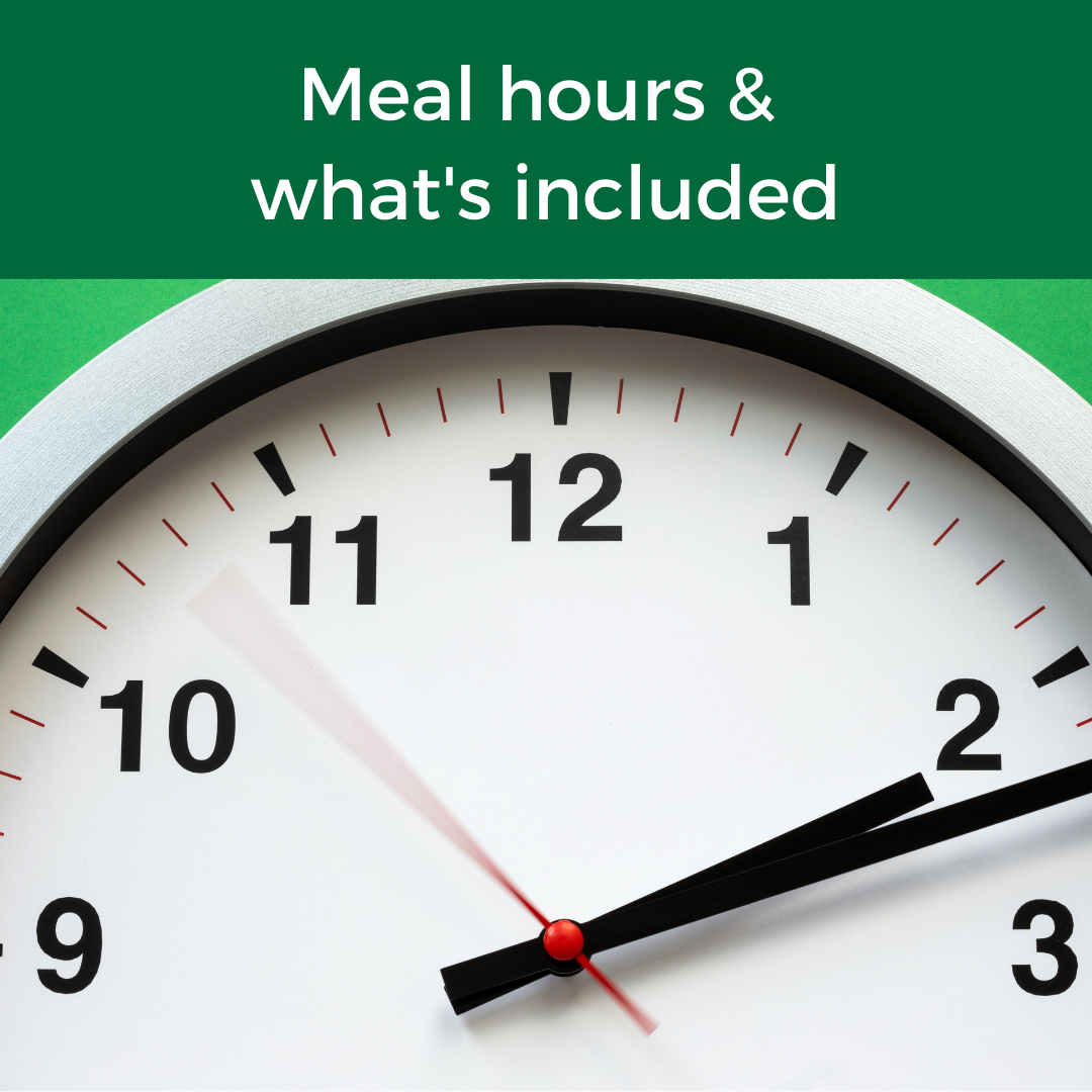 meal hours and what's included button with clock image