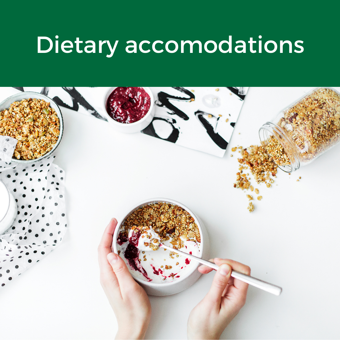 dietary accomodations button with image of granola and bowl 