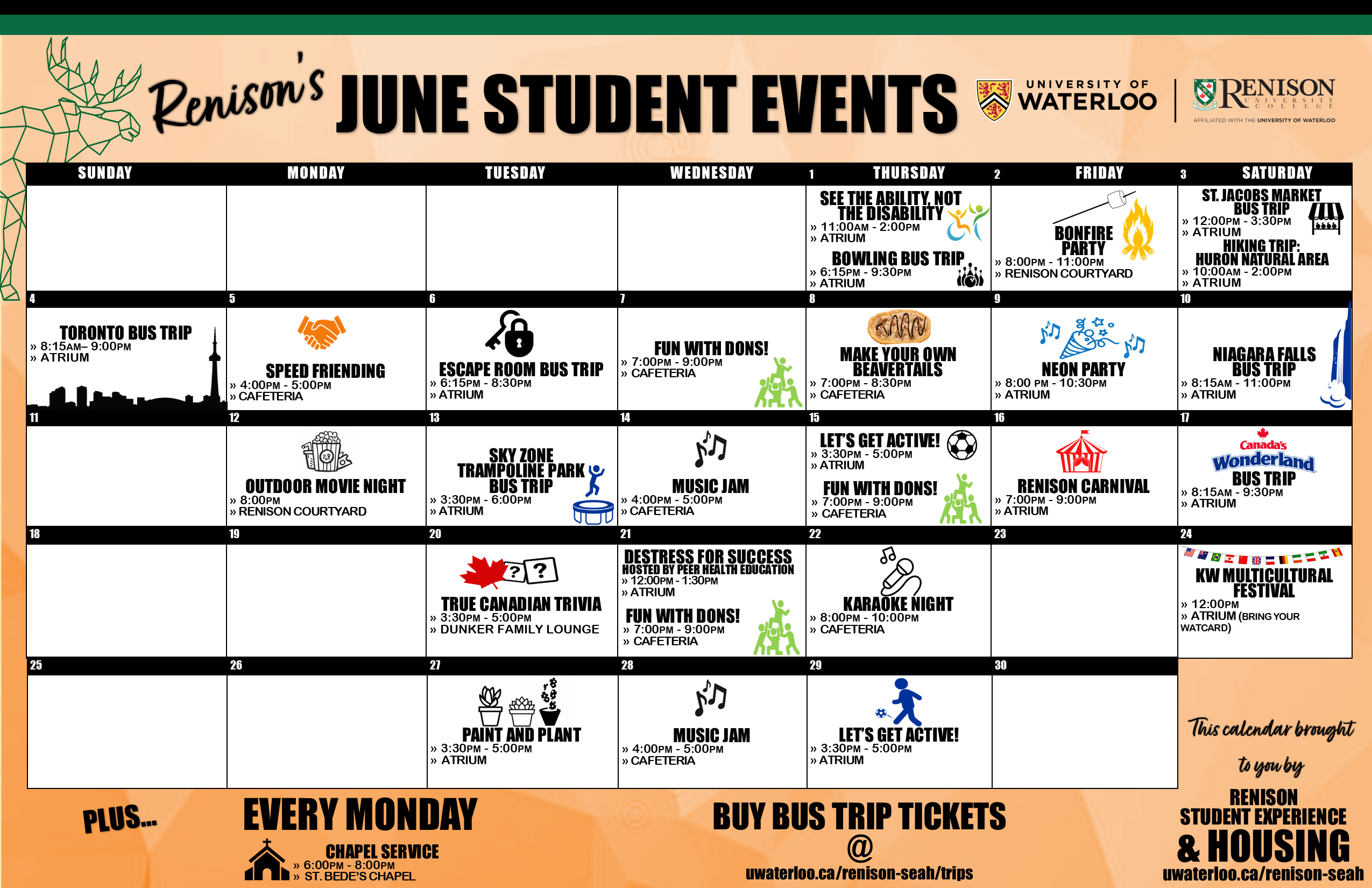 June 2023 Renison Student Experience and Housing Events Calendar