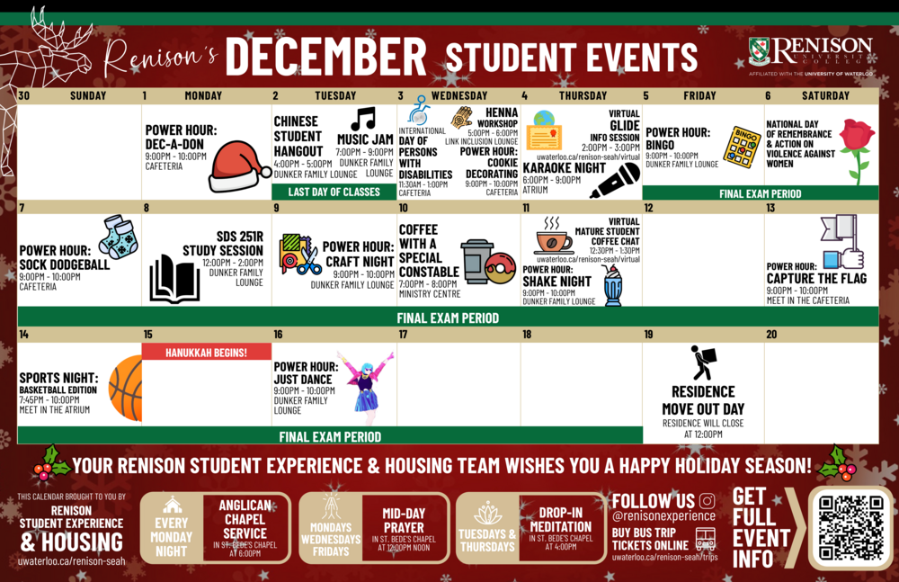 Renison Student Events Calendar December 2025