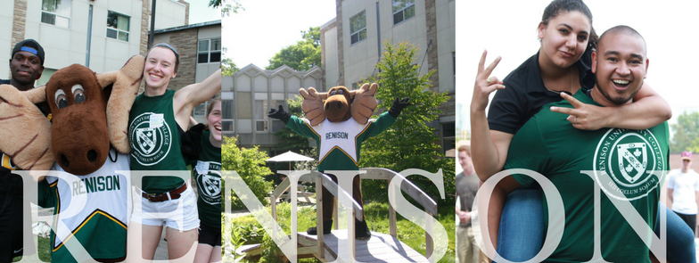 three photos of Renison students with Reni the Moose mascot on a bridge
