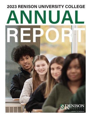 Cover of the 2023 Annual Report. Includes a large image of four students sitting in a classroom at desks. Also includes the Renison logo.