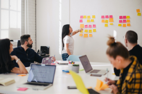 People in a classroom studying, one is at the front placing post-it notes on a  whiteboard. 