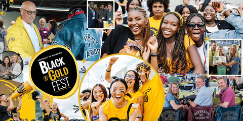 Collage of photos of alumni celebrating alumni black and gold day. 
