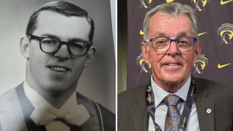 Doug Peacock in his graduation photo in 1965, and then again in 2024 at a UW Athletics event. 