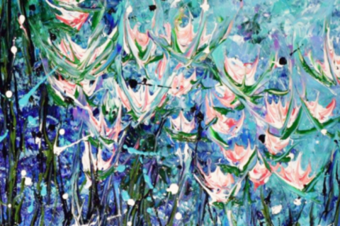 Close up of a painting with pink, purple, blue, and green abstract strokes. 