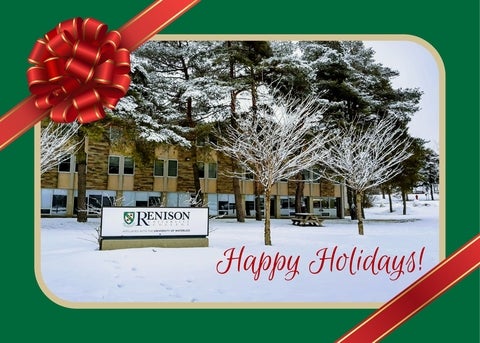 Renison sign with snow around. A green frame with red bow is around the image. The overlay says "Happy Holidays"