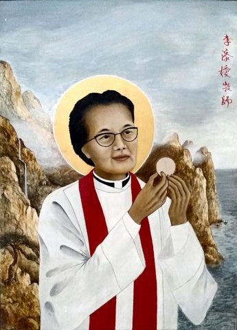 Icon of Florence Li Tim-Oi. She is wearing white robes with red stole. She is holding the communion. 