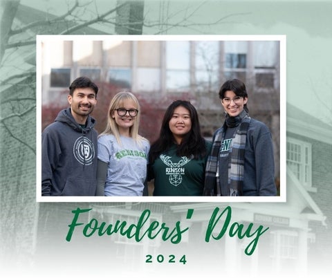 Four students standing in the courtyard at Renison in a photo overtop of a faded photo of Renison's original house location on Albert St. The text overlaid reads Founders' day 2024