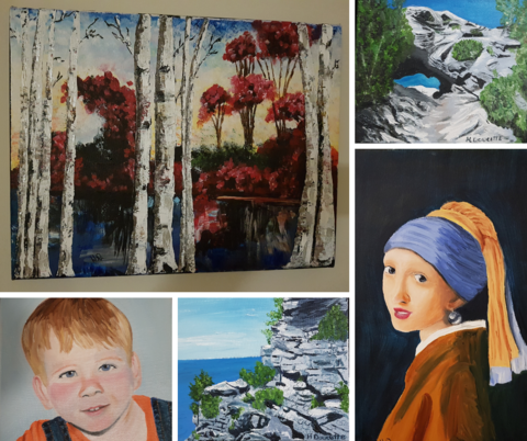 Collage of paintings - trees in fall, rocks close to water, girl wearing a headscarf and large pearl earring, and young red-haired boy.