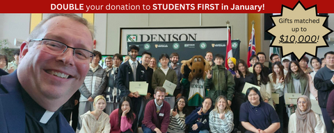 Dr. MArc Jerry taking a selfie with a group of students. There is a sticker saying that gifts will be matched up to $10,000 and an indication that donations will be matched in January. 