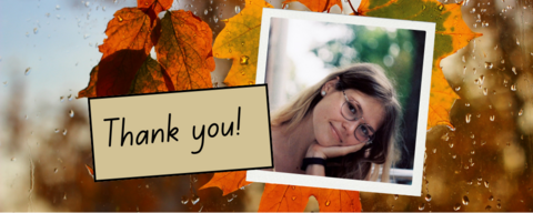 Maple Leaf image, with a photo of a young woman in a polaroid style overlaid. A "Thank you!" is written beside. 