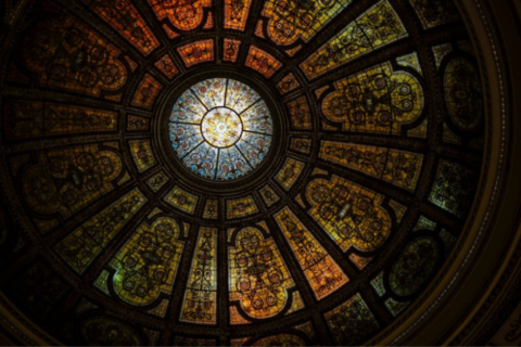 Dome of a church, stained glass. 
