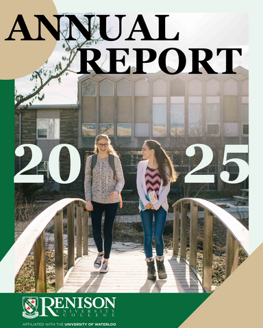 Two students walking over the Renison courtyard bridge. The sun is out and you can see the Renison building in the background. 