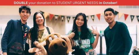 Four students standing with Reni Moose. Text reads "double your donation to student urgent needs in October!"