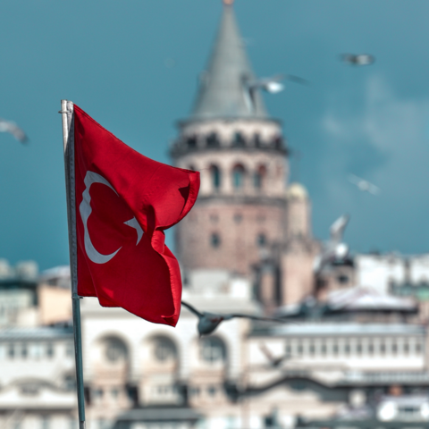 Flag of Turkey with building roofs in background. 