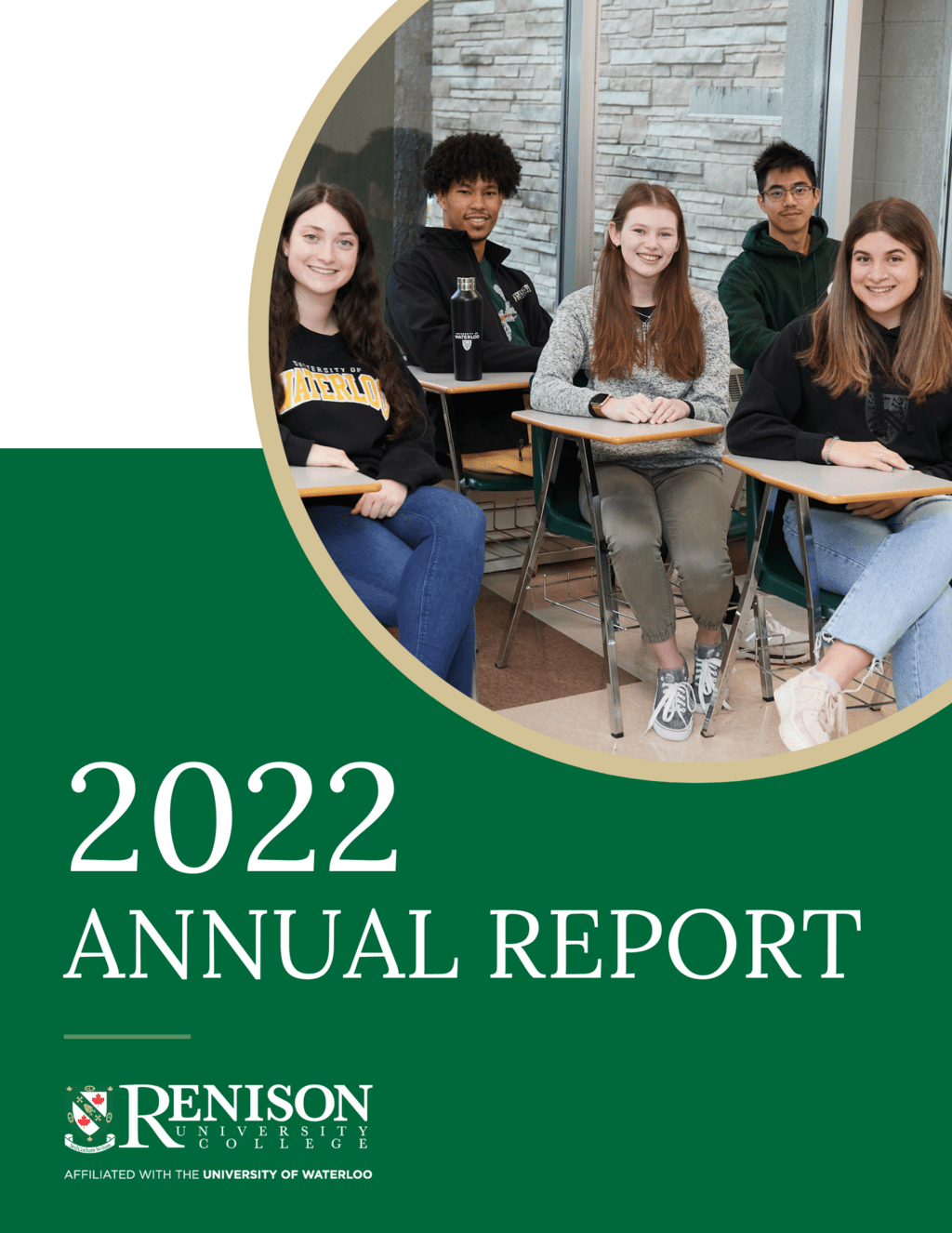 Annual report cover. Text reads: 2022 Annual Report. Includes image of five students at desk smiling at the camera.