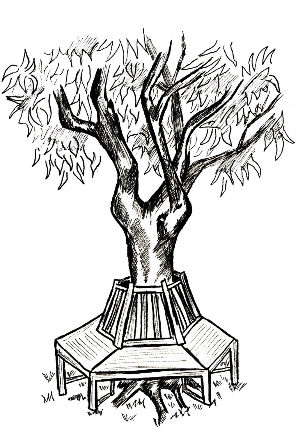 Tree with chairs facing outward. 