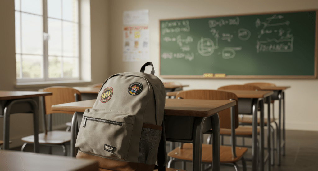 Classroom with chalkboard at the back. Desks and a single backpack can be seen. 