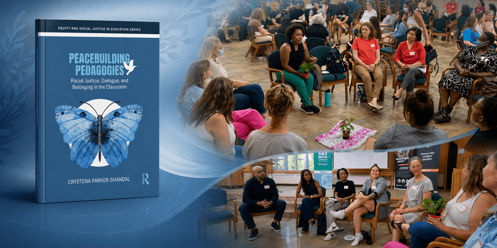 Image of Dr. Parker-Shandal's book on the left, and two images of community conversations on the right