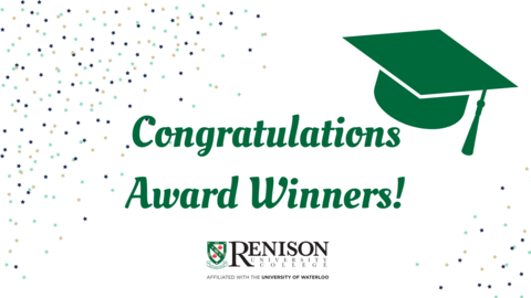 Congratulations award winners! Image of stars and a green graduation hat, along with the Renison logo.