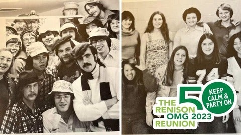 Two old photos featuring students from the 1970s, plus the logo from the Renison reunion event. 